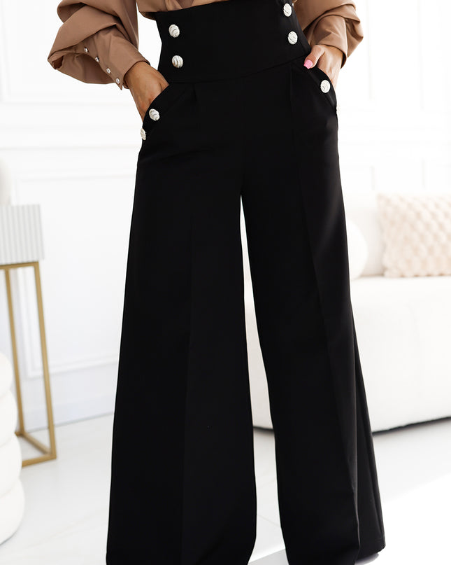 19773-5-496-2 Elegante weite Hose mit hoher Taille und goldenen Knöpfen - Schwarz-5
