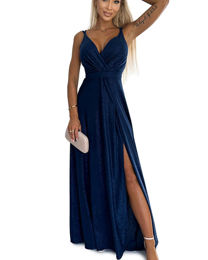 18826-7-498-1 Langes Kleid mit Ausschnitt und doppelten Trägern - Marineblau mit Glitzer-7