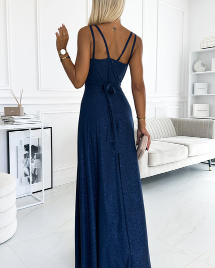 18826-3-498-1 Langes Kleid mit Ausschnitt und doppelten Trägern - Marineblau mit Glitzer-3