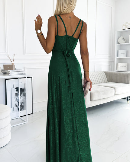 18822-3-498-2 Langes Kleid mit Ausschnitt und doppelten Trägern - grün mit Glitzer-3