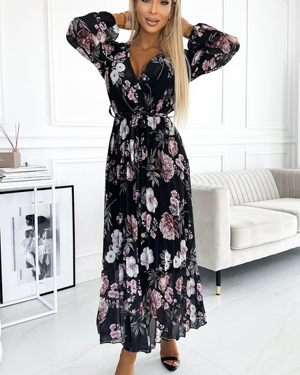 18403-1-502-1 Plissee-Midikleid mit Ausschnitt, langen Ärmeln und Bindeband in der Taille – schwarz mit rosa Blumen-1