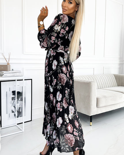 18403-3-502-1 Plissee-Midikleid mit Ausschnitt, langen Ärmeln und Bindeband in der Taille – schwarz mit rosa Blumen-3