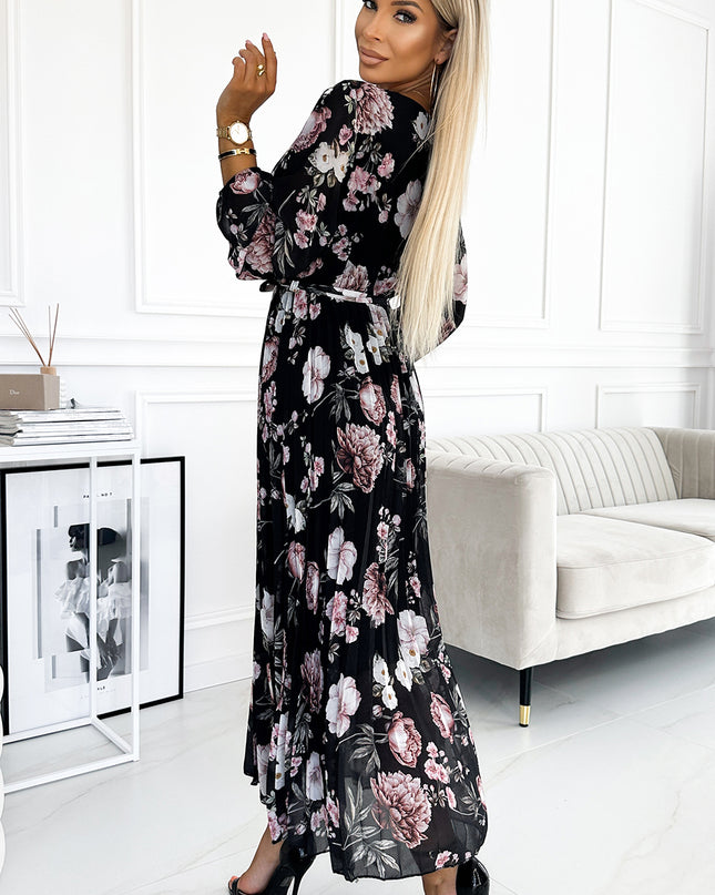 18403-3-502-1 Plissee-Midikleid mit Ausschnitt, langen Ärmeln und Bindeband in der Taille – schwarz mit rosa Blumen-3