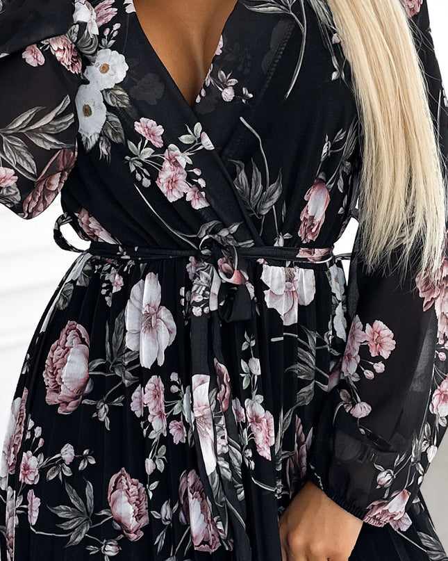 18403-6-502-1 Plissee-Midikleid mit Ausschnitt, langen Ärmeln und Bindeband in der Taille – schwarz mit rosa Blumen-6