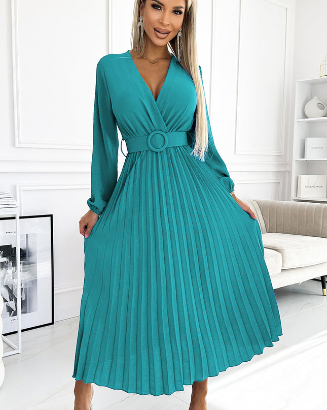 19200-1-504-6 VIVIANA Plissee-Midikleid mit Ausschnitt, langen Ärmeln und breitem Gürtel - Meeresfarbe-1