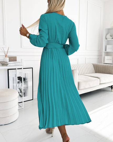 19200-3-504-6 VIVIANA Plissee-Midikleid mit Ausschnitt, langen Ärmeln und breitem Gürtel - Meeresfarbe-3