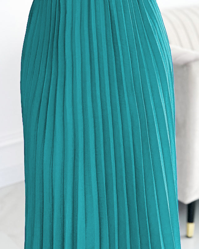 19200-6-504-6 VIVIANA Plissee-Midikleid mit Ausschnitt, langen Ärmeln und breitem Gürtel - Meeresfarbe-6