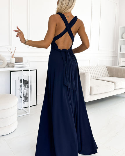18701-3-509-1 Elegantes, vielseitig gebundenes langes Kleid - Marineblau-3