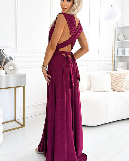 19287-3-509-3 Elegantes, vielseitig gebundenes langes Kleid - Burgunderrot mit Glitzer-3