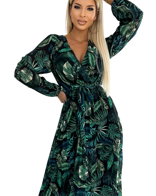 18604-8-511-1 Langes Kleid aus plissiertem Chiffon mit Ausschnitt, langen Ärmeln und Gürtel – grüne Blätter-8