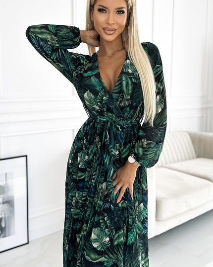 18604-2-511-1 Langes Kleid aus plissiertem Chiffon mit Ausschnitt, langen Ärmeln und Gürtel – grüne Blätter-2