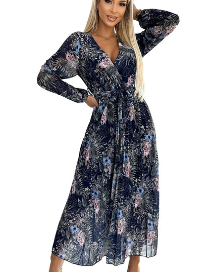 18606-7-511-3 Langes Kleid aus plissiertem Chiffon mit Ausschnitt, langen Ärmeln und Gürtel - dunkelblaues Muster-7