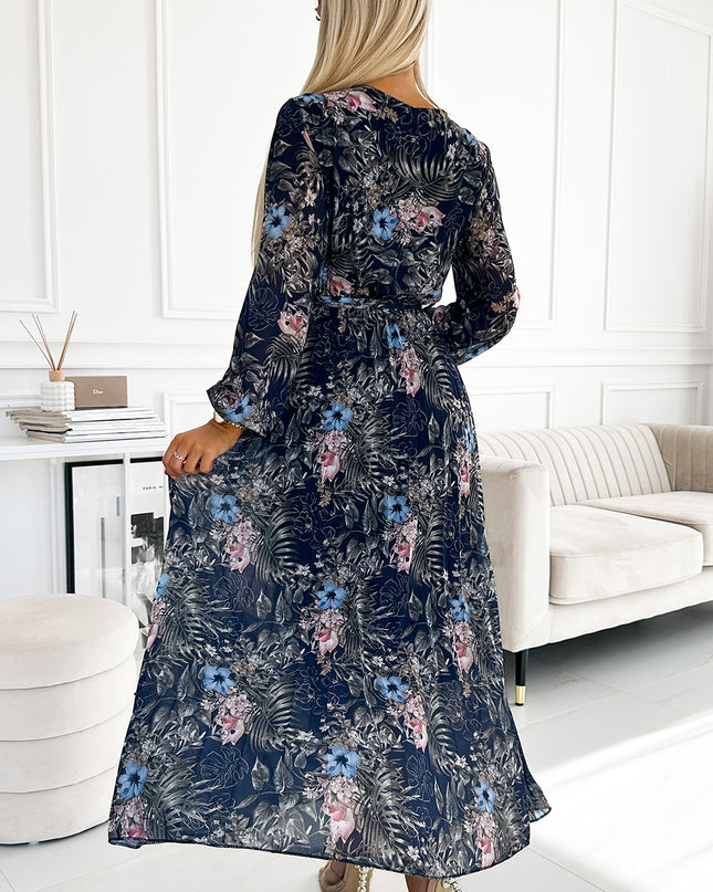 18606-3-511-3 Langes Kleid aus plissiertem Chiffon mit Ausschnitt, langen Ärmeln und Gürtel - dunkelblaues Muster-3