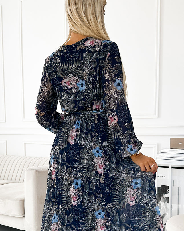18606-5-511-3 Langes Kleid aus plissiertem Chiffon mit Ausschnitt, langen Ärmeln und Gürtel - dunkelblaues Muster-5