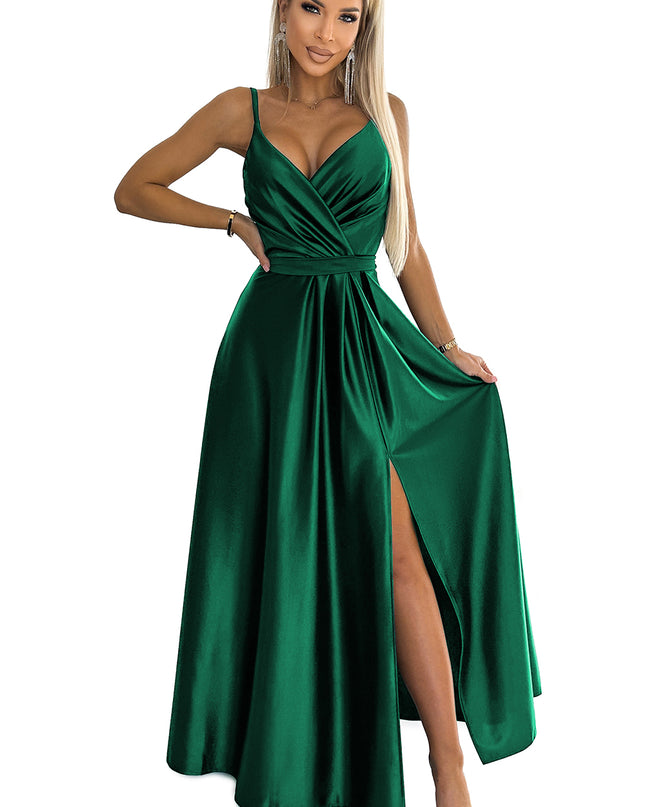 18622-7-512-1 JULIET elegantes langes Satinkleid mit Ausschnitt - Grün-7