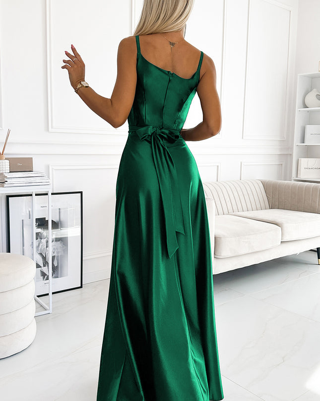 18622-3-512-1 JULIET elegantes langes Satinkleid mit Ausschnitt - Grün-3