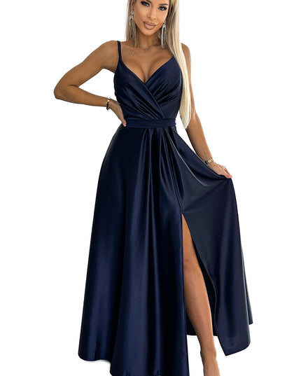 18618-7-512-2 JULIET elegantes langes Satinkleid mit Ausschnitt - Marineblau-7