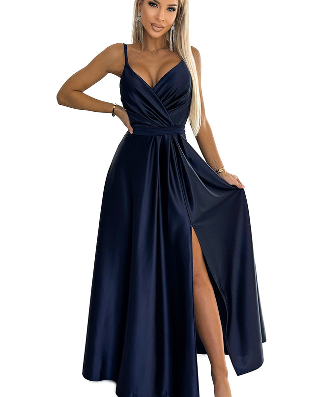 18618-7-512-2 JULIET elegantes langes Satinkleid mit Ausschnitt - Marineblau-7