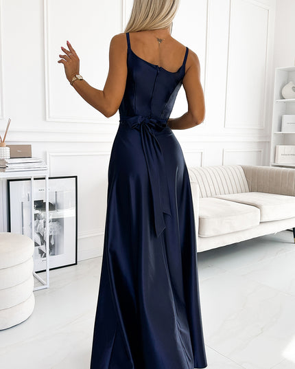 18618-3-512-2 JULIET elegantes langes Satinkleid mit Ausschnitt - Marineblau-3
