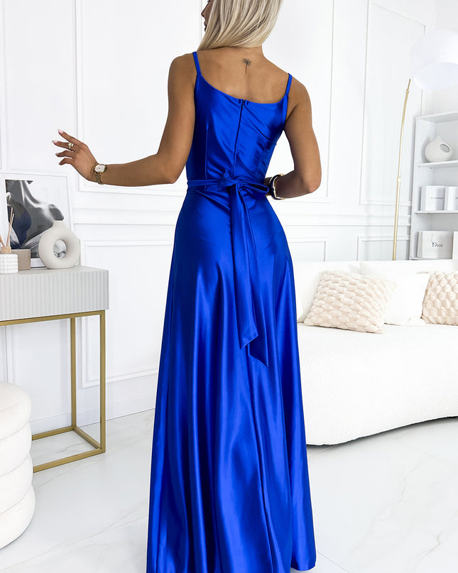 18858-3-512-4 JULIET elegantes langes Satinkleid mit Ausschnitt und Beinschlitz - blau-3