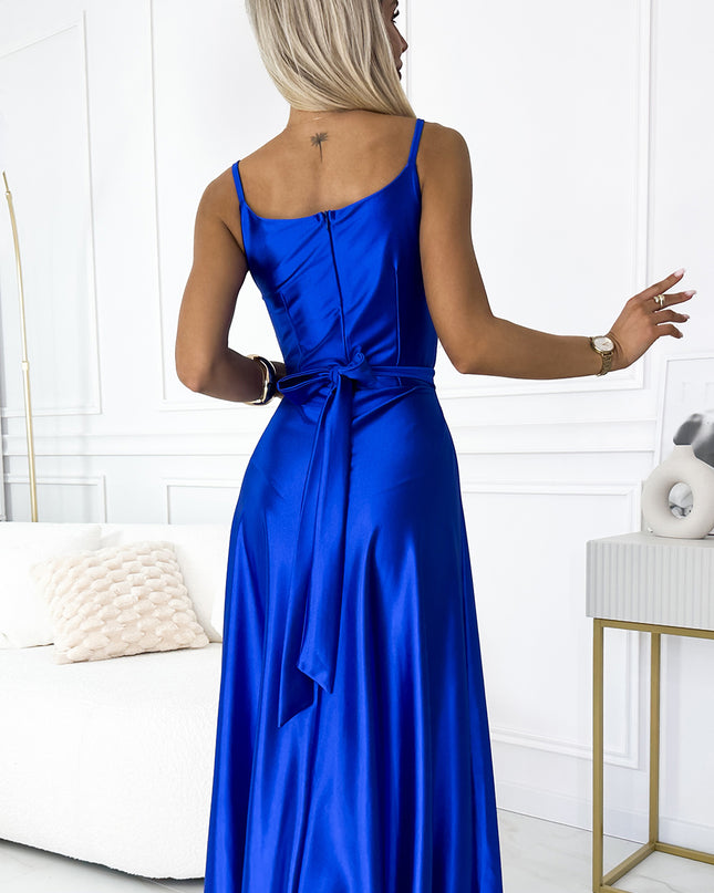 18858-5-512-4 JULIET elegantes langes Satinkleid mit Ausschnitt und Beinschlitz - blau-5