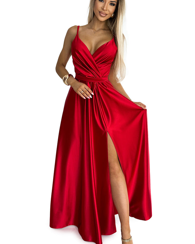 18852-9-512-5 JULIET elegantes langes Satinkleid mit Ausschnitt und Beinschlitz - rot-9