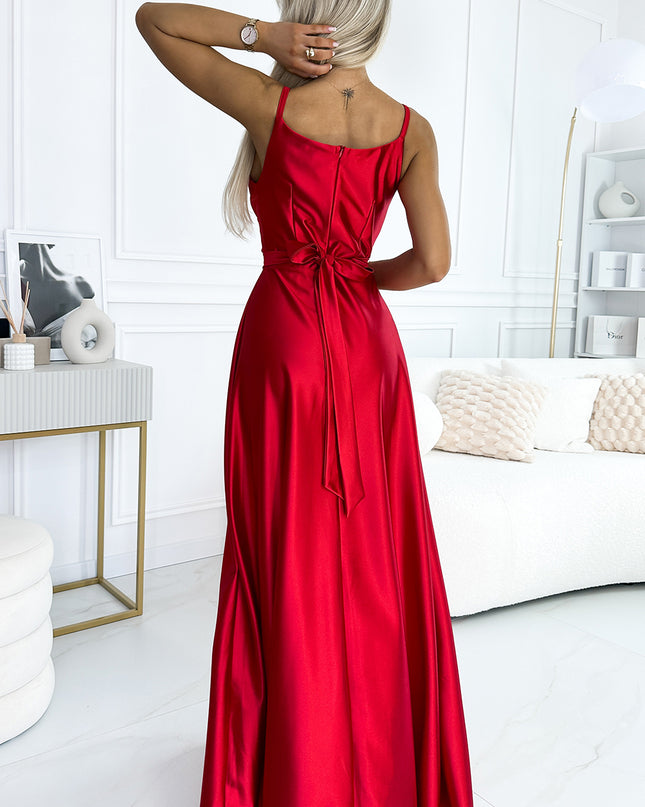 18852-4-512-5 JULIET elegantes langes Satinkleid mit Ausschnitt und Beinschlitz - rot-4