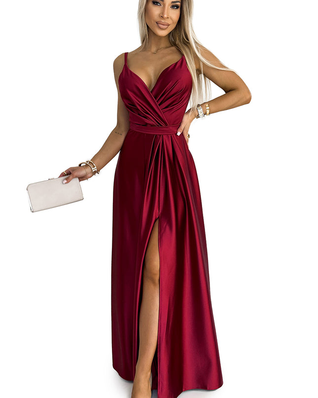 18953-7-512-6 JULIET elegantes langes Satinkleid mit Ausschnitt und Beinschlitz - weinrote Farbe-7