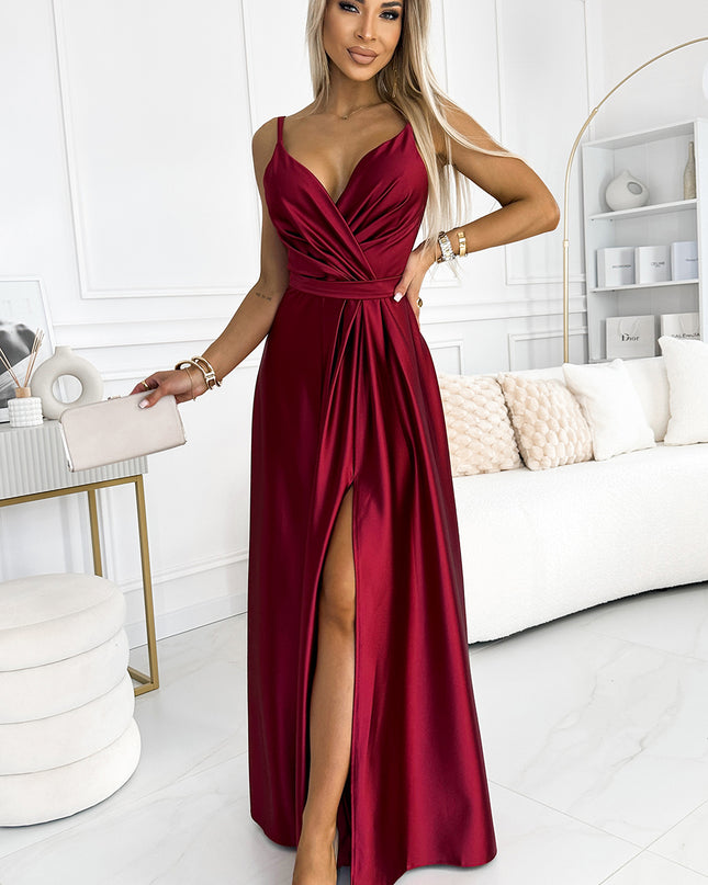 18953-1-512-6 JULIET elegantes langes Satinkleid mit Ausschnitt und Beinschlitz - weinrote Farbe-1