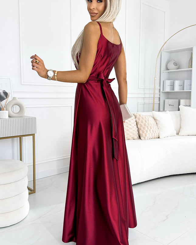 18953-2-512-6 JULIET elegantes langes Satinkleid mit Ausschnitt und Beinschlitz - weinrote Farbe-2