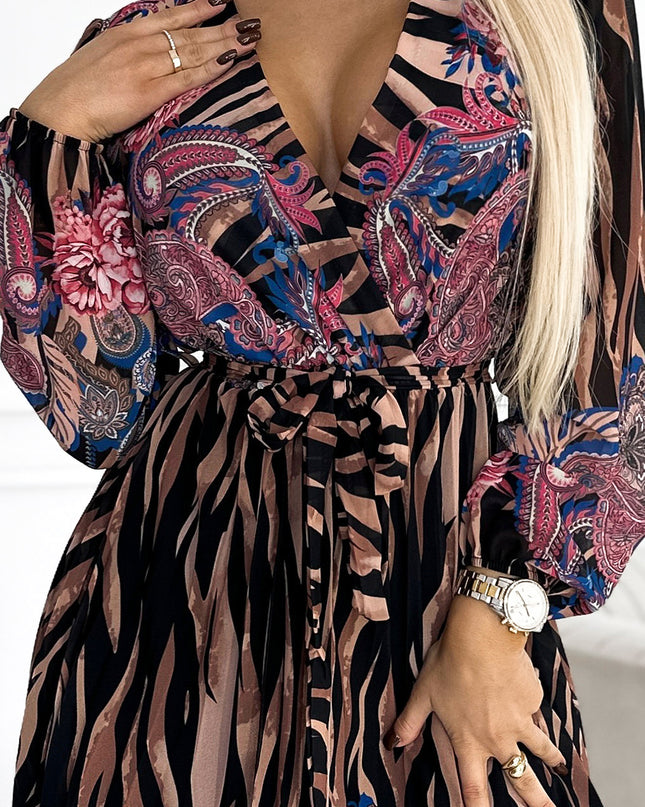 18957-7-515-1 Plissiertes Kleid mit Ausschnitt, langen Ärmeln und Bindeband in der Taille – Tigermuster + rosa Blumen-7