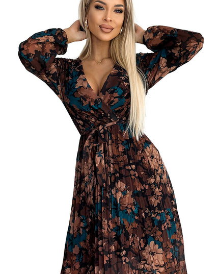 18753-8-519-2 Langes Kleid aus plissiertem Chiffon mit Ausschnitt, langen Ärmeln und Gürtel - braunblaue Blüten-8