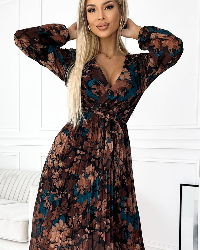 18753-4-519-2 Langes Kleid aus plissiertem Chiffon mit Ausschnitt, langen Ärmeln und Gürtel - braunblaue Blüten-4