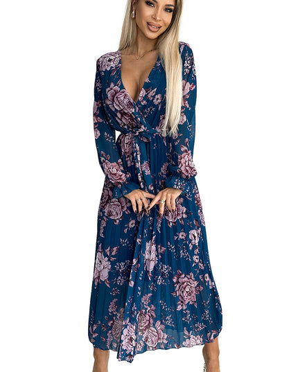 18803-7-519-3 Langes Kleid aus plissiertem Chiffon mit Ausschnitt, langen Ärmeln und Gürtel - Blau mit Blumen-7