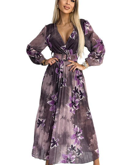 18748-7-520-1 Langes Kleid aus plissiertem Chiffon mit Ausschnitt, langen Ärmeln und breitem Gürtel - lila große Blumen-7