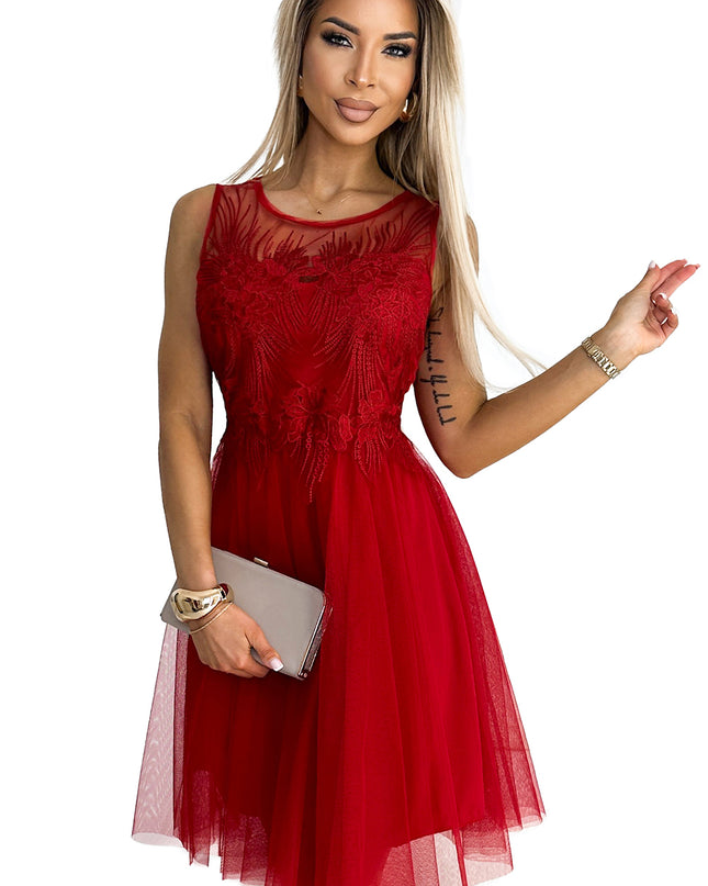 18887-7-522-3 CATERINA Feminines Kleid mit Guipure und zartem Tüll - Rot-7