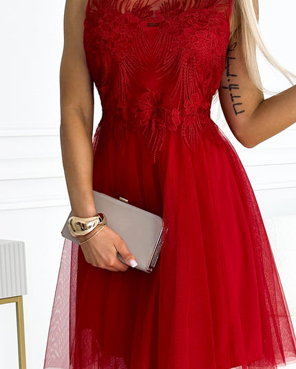 18887-5-522-3 CATERINA Feminines Kleid mit Guipure und zartem Tüll - Rot-5
