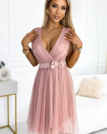 18960-1-523-1 Tüllkleid mit Ausschnitt und Schleife - schmutziges Rosa-1