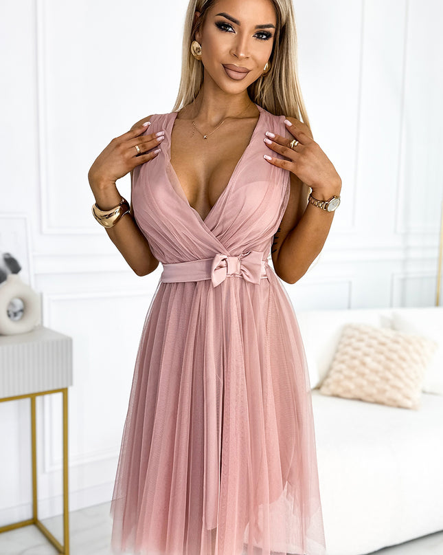 18960-1-523-1 Tüllkleid mit Ausschnitt und Schleife - schmutziges Rosa-1