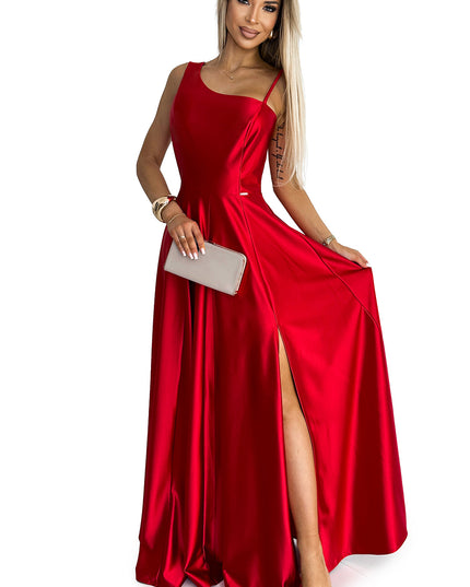 18867-7-524-1 Langes, elegantes One-Shoulder-Kleid aus Satin - rot-7