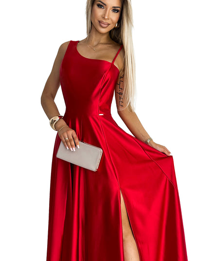 18867-8-524-1 Langes, elegantes One-Shoulder-Kleid aus Satin - rot-8