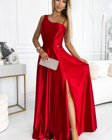 18867-1-524-1 Langes, elegantes One-Shoulder-Kleid aus Satin - rot-1