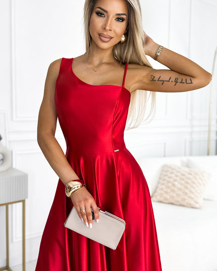 18867-3-524-1 Langes, elegantes One-Shoulder-Kleid aus Satin - rot-3