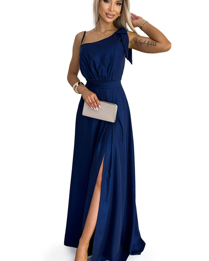 18919-7-528-1 Langes, glänzendes One-Shoulder-Kleid mit Schleife – Marineblau-7