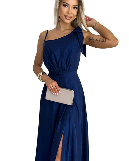 18919-8-528-1 Langes, glänzendes One-Shoulder-Kleid mit Schleife – Marineblau-8