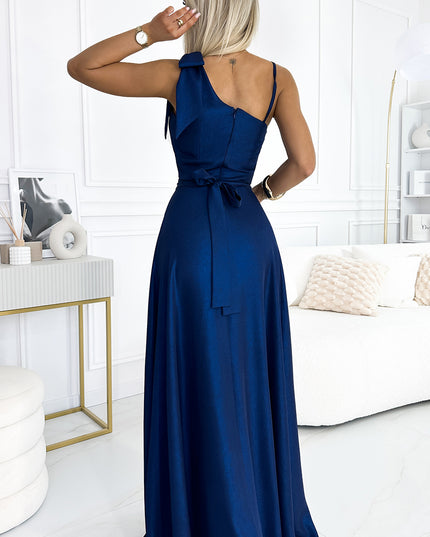 18919-3-528-1 Langes, glänzendes One-Shoulder-Kleid mit Schleife – Marineblau-3