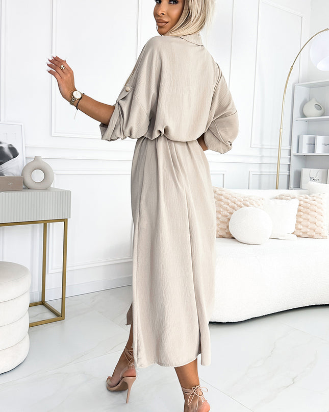 19038-3-531-1 Midi-Hemdkleid mit goldenen Knöpfen und Bändern - Beige-3