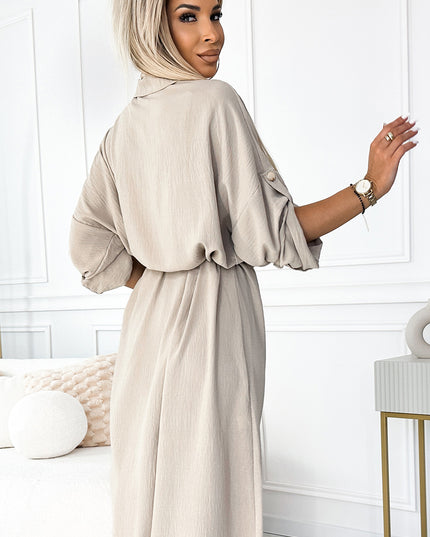 19038-5-531-1 Midi-Hemdkleid mit goldenen Knöpfen und Bändern - Beige-5