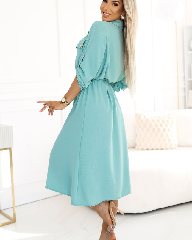 20054-2-Midi-Hemdblusenkleid mit goldenen Knöpfen und Bändern – Minze-2