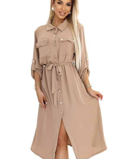 20056-8-Midi-Hemdkleid mit goldenen Knöpfen und Bändern - MOCHA MOUSSE-8
